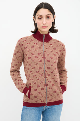 Gucci Burgundy 
Beige Wool Logo Jacquard Track Jacket