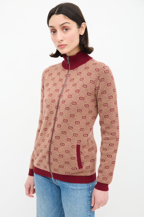 Gucci Burgundy 
Beige Wool Logo Jacquard Track Jacket