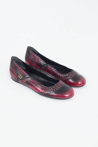 Gucci Burgundy 
Black Leather Brogue GG Ballet Flat