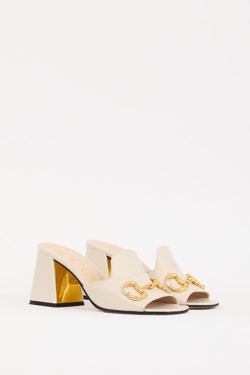 Gucci Cream 
Gold Hardware Block Heel Mule