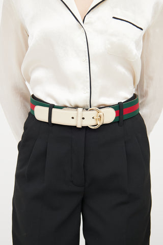 Gucci Cream 
Striped Webbing Horsebit Belt