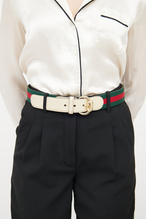 Gucci Cream 
Striped Webbing Horsebit Belt