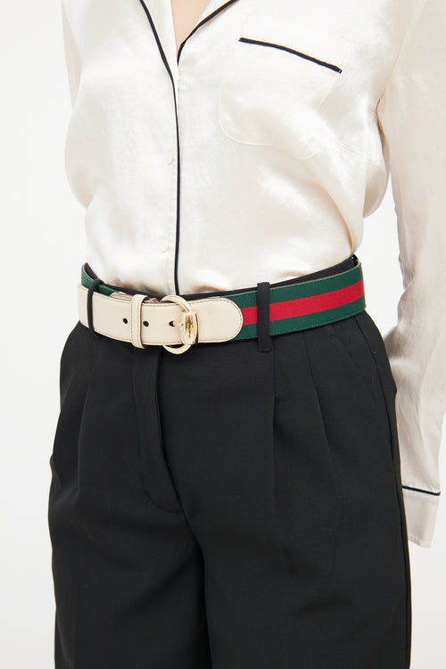 Gucci Cream 
Striped Webbing Horsebit Belt