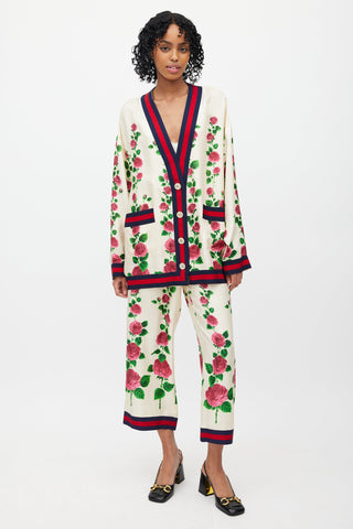 Gucci Cream 
Multi Silk Floral Web Cardigan 
Pant Set