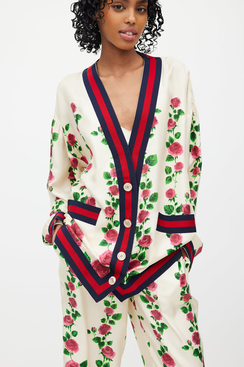 Gucci Cream 
Multi Silk Floral Web Cardigan 
Pant Set