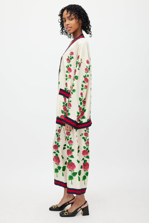 Gucci Cream 
Multi Silk Floral Web Cardigan 
Pant Set