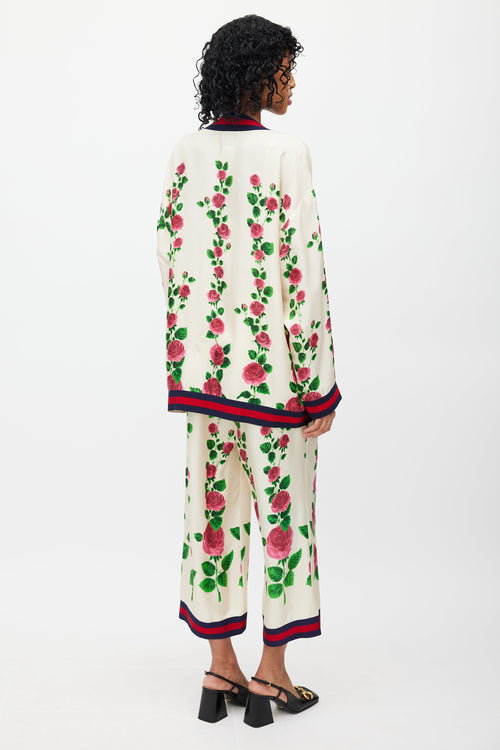 Gucci Cream 
Multi Silk Floral Web Cardigan 
Pant Set