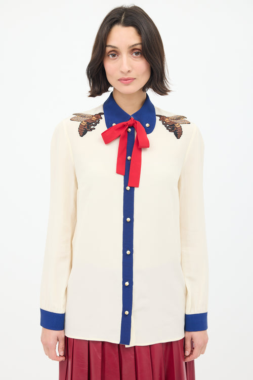 Gucci Cream 
Multi Silk Tie Neck Embroidered Shirt