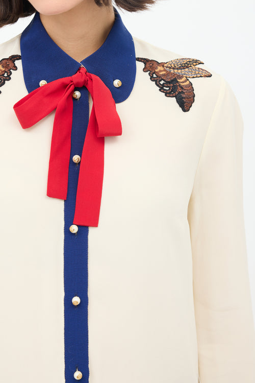 Gucci Cream 
Multi Silk Tie Neck Embroidered Shirt