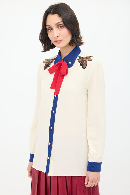 Gucci Cream 
Multi Silk Tie Neck Embroidered Shirt