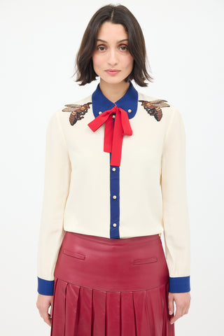 Gucci Cream 
Multi Silk Tie Neck Embroidered Shirt