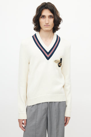 Gucci Cream 
Navy V-Neck Bee Sweater