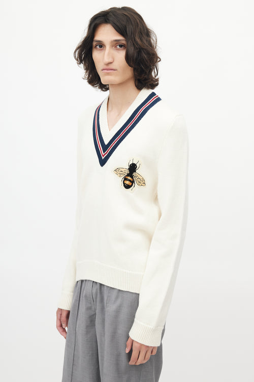 Gucci Cream 
Navy V-Neck Bee Sweater