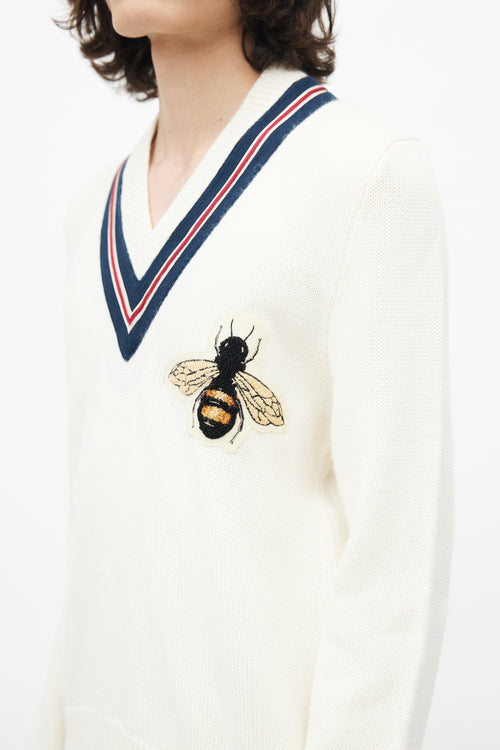 Gucci Cream 
Navy V-Neck Bee Sweater