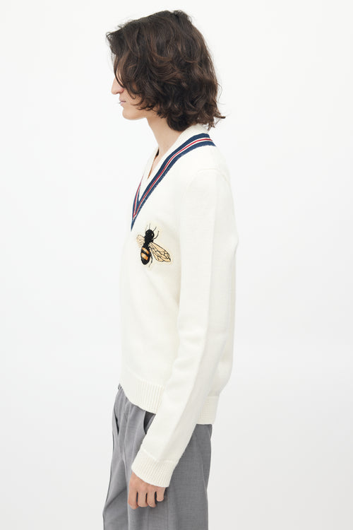 Gucci Cream 
Navy V-Neck Bee Sweater