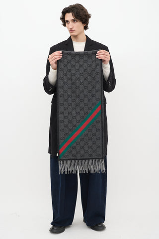 Gucci Dark Grey 
Multi GG Web Fringe Scarf