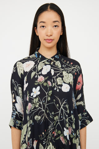 Black 
Multi Floral Asymmetrical Shirt