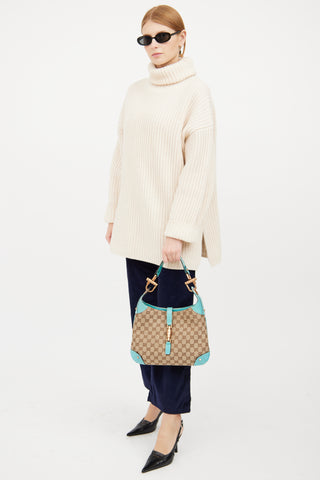 Gucci Beige 
Teal GG Canvas Piston Lock Jackie Bag