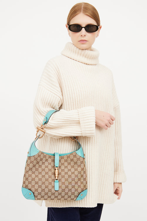 Gucci Beige 
Teal GG Canvas Piston Lock Jackie Bag