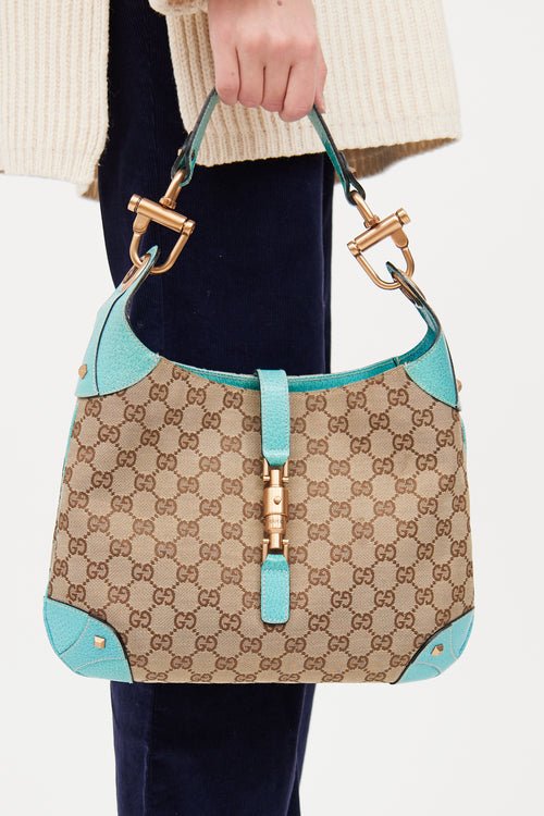 Gucci Beige 
Teal GG Canvas Piston Lock Jackie Bag