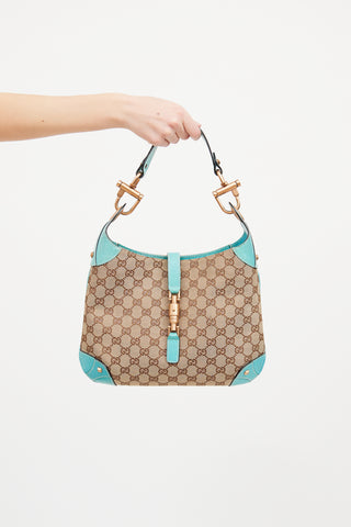 Gucci Beige 
Teal GG Canvas Piston Lock Jackie Bag