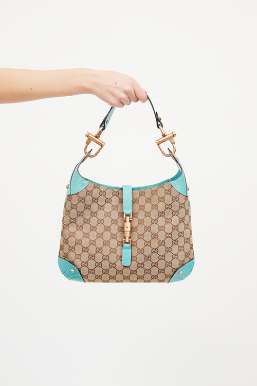 Gucci Beige 
Teal GG Canvas Piston Lock Jackie Bag