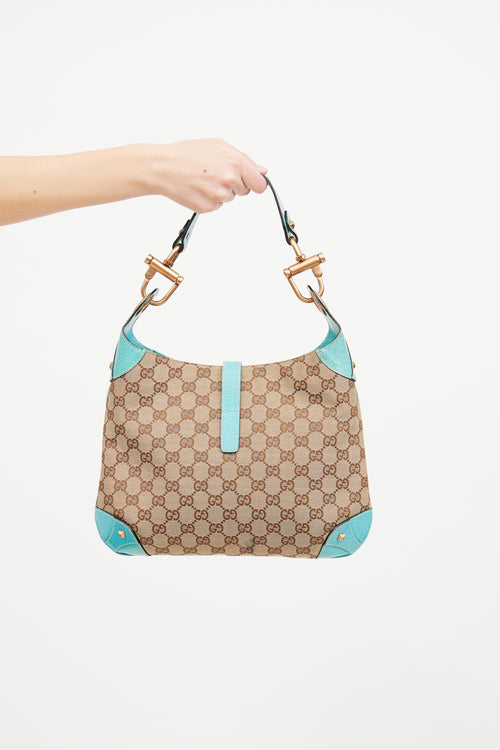 Gucci Beige 
Teal GG Canvas Piston Lock Jackie Bag