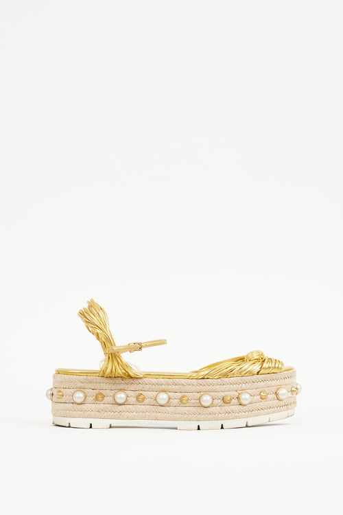 Gucci Gold Leather Barbette Espadrille Sandal