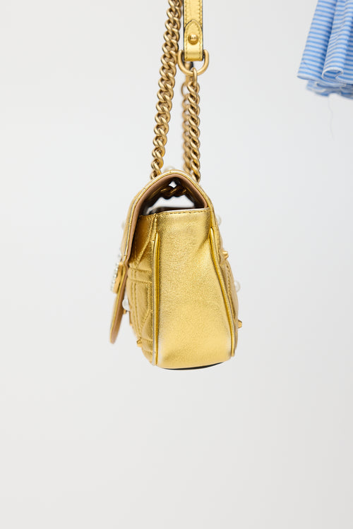 Gucci Gold Leather Marmont Quilted Pearl Bag