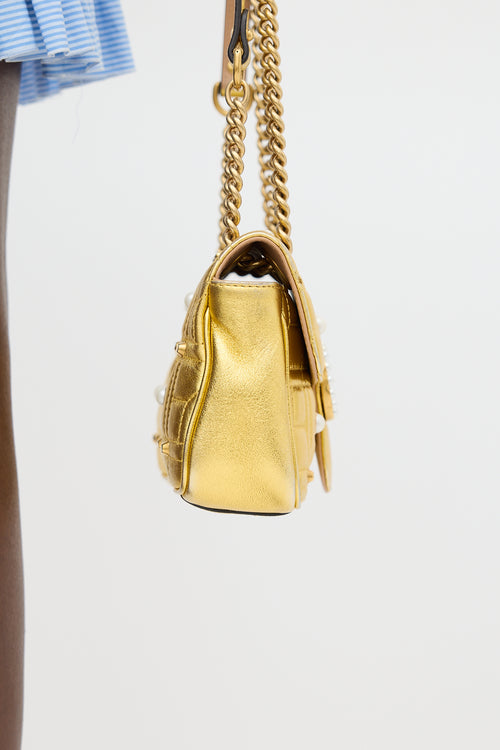 Gucci Gold Leather Marmont Quilted Pearl Bag