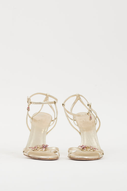 Gucci Gold 
Multicolour Leather Metallic Jewel Sandal