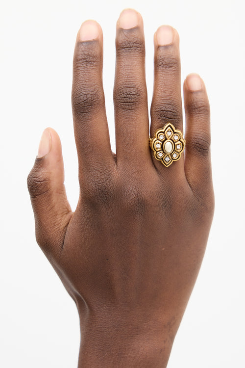 Gucci Gold 
White Faux Pearl Ornate Adjustable Ring