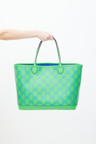 Gucci Green 
Blue GG Embossed Leather Large Tote