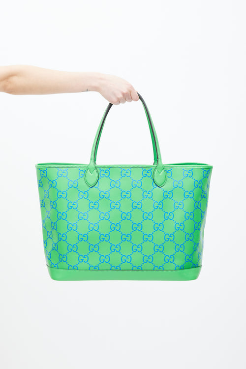 Gucci Green 
Blue GG Embossed Leather Large Tote