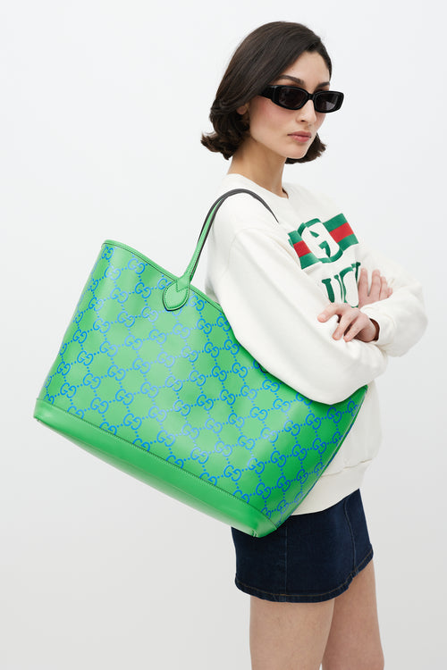 Gucci Green 
Blue GG Embossed Leather Large Tote