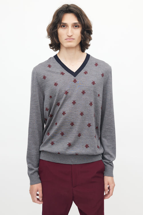 Gucci Grey 
Red Knit Wool Bee Sweater