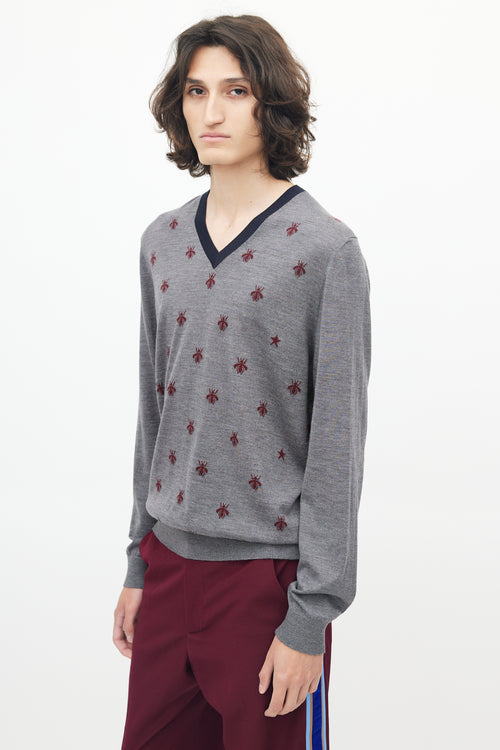 Gucci Grey 
Red Knit Wool Bee Sweater