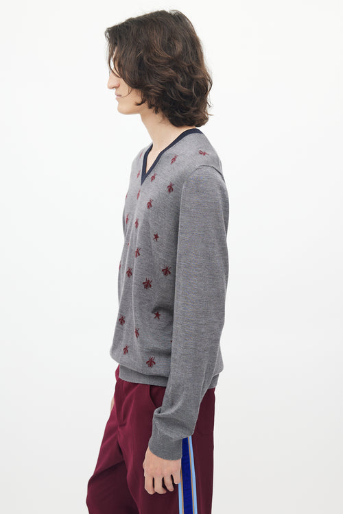 Gucci Grey 
Red Knit Wool Bee Sweater