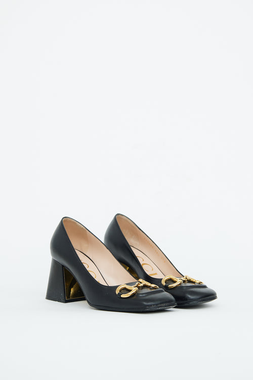 Gucci Black Leather Embellished Block Heel