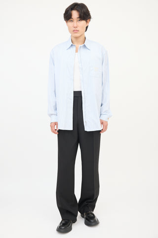 Gucci Light Blue 
White Pinstripe Embroidered ZIp  Shirt