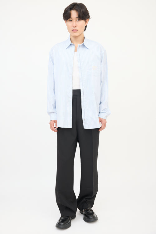 Gucci Light Blue 
White Pinstripe Embroidered ZIp  Shirt