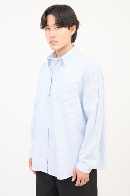 Gucci Light Blue 
White Pinstripe Embroidered ZIp  Shirt