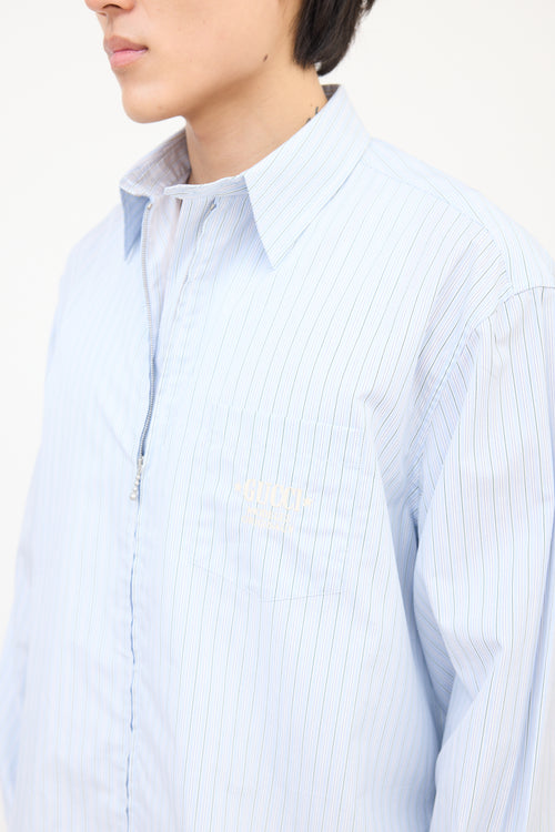 Gucci Light Blue 
White Pinstripe Embroidered ZIp  Shirt