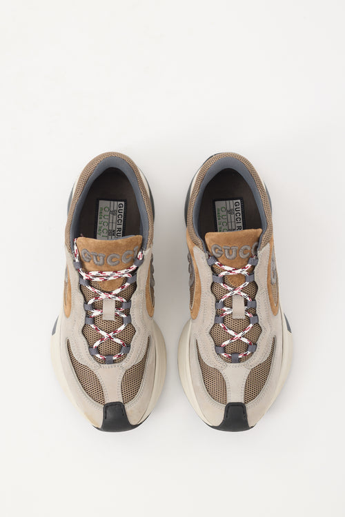 Gucci Light Grey 
Brown Suede 
Mesh Run Sneaker