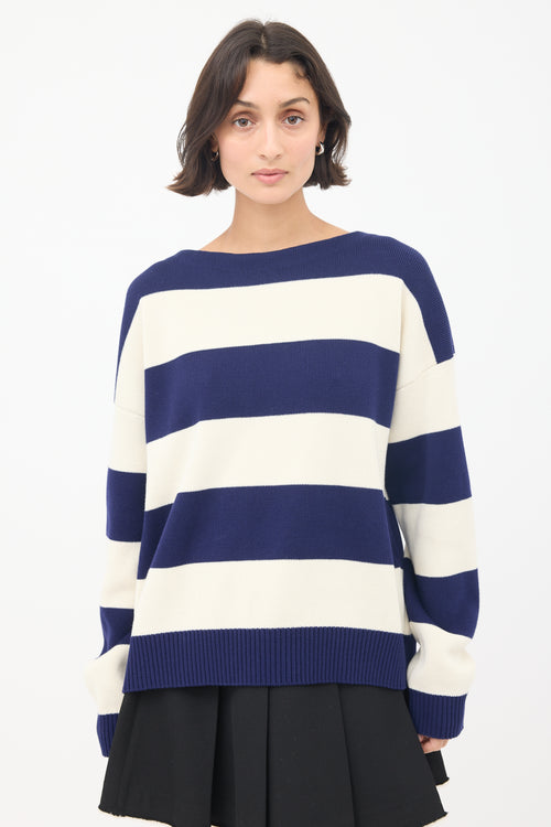 Gucci White 
Navy Logo Intarsia Striped Sweater