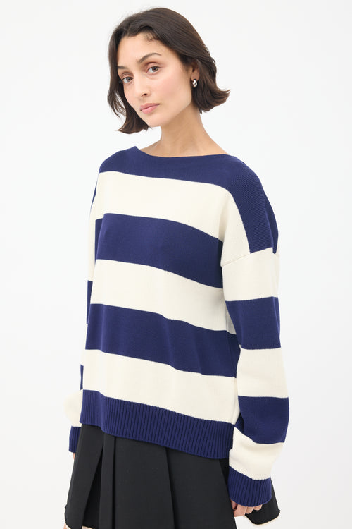 Gucci White 
Navy Logo Intarsia Striped Sweater