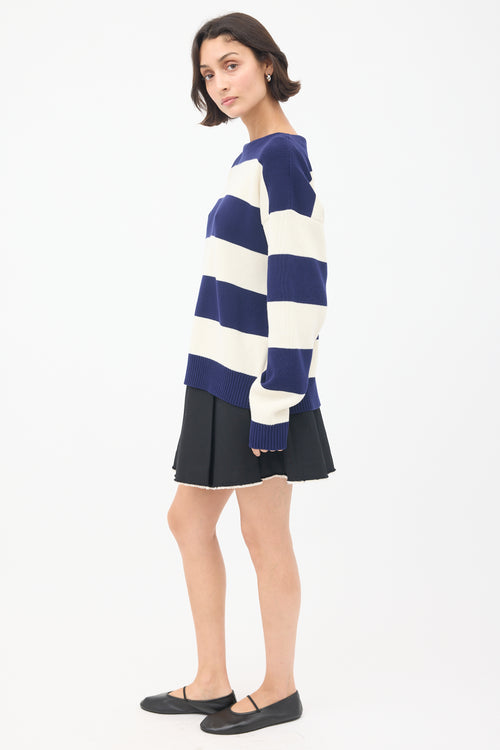 Gucci White 
Navy Logo Intarsia Striped Sweater