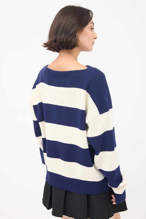 Gucci White 
Navy Logo Intarsia Striped Sweater