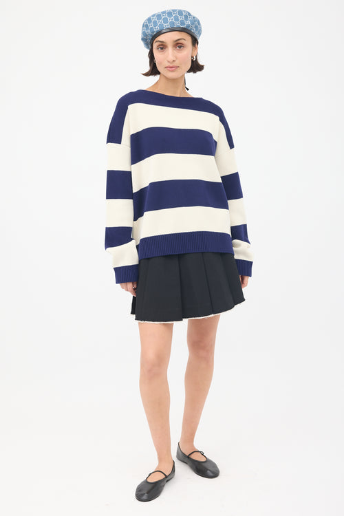 Gucci White 
Navy Logo Intarsia Striped Sweater