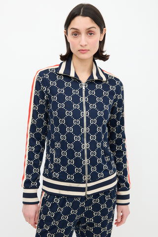 Gucci Navy 
Cream Webbed Trim GG Track Jacket